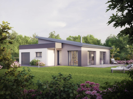 Illustration 3D de constructeur de maison individuelle Visuel d’illustration 3D maison individuelle avec une ambiance de fin de journée.