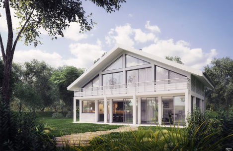 illustration 3D d'une perspective de projet de promotion immobilière photoréaliste de maison chalet Visuel 3D d’une perspective extérieure de chalet contemporain avec aménagement des jardins