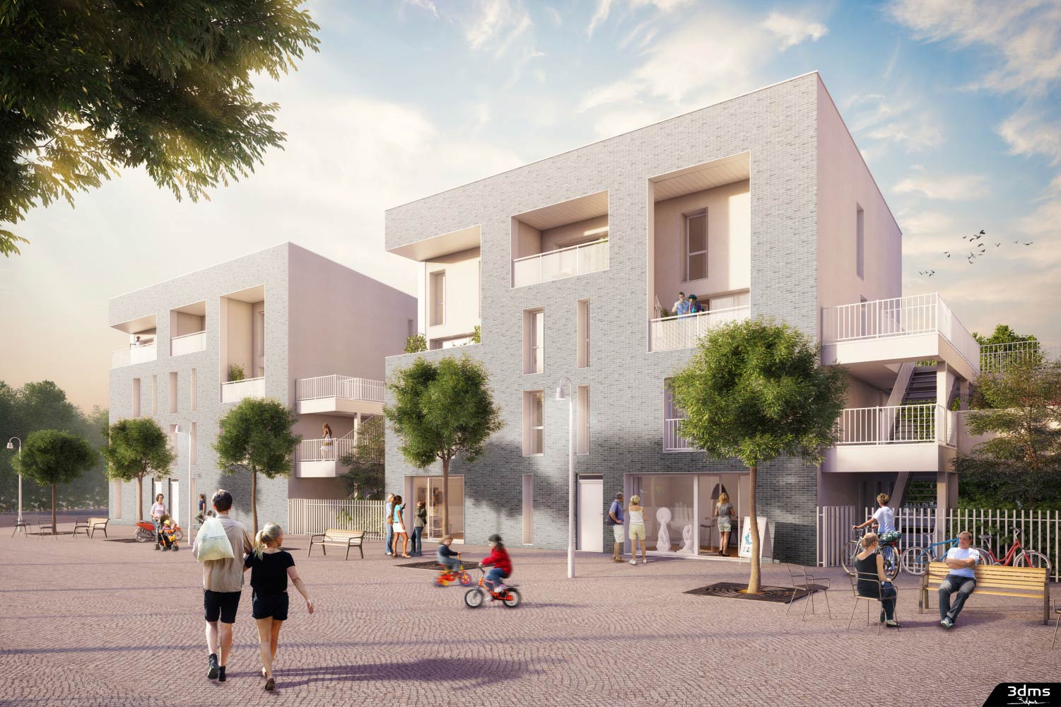 Visuel de perspective extérieure 3D pour la promotion immobilière avec illustration d'ambiance de quartier