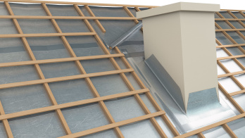 Illustration 3D pour un visuel technique d’isolation de toiture au niveau d’un conduit de cheminée