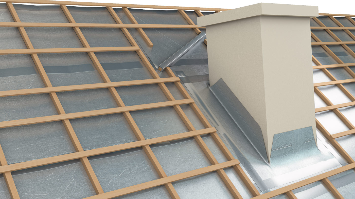 Illustration 3D pour un visuel technique d'isolation de toiture au niveau d'un conduit de cheminée