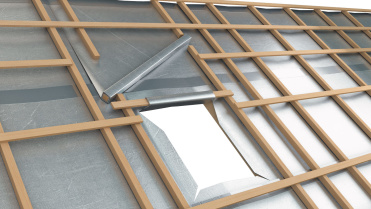 Illustration 3D pour un visuel technique d’isolation de toiture au niveau d’une fenêtre de type velux