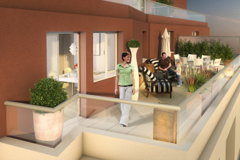 Visuel d'illustration 3D d'ambiance terrasse avec personnages Visuel 3D d’Illustration extérieure de terrrasse à l’attention de la promotion immobilière avec personnages