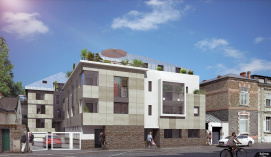 Insertion 3D de perspective extérieure 3D pour un visuel de promotion immobilière avec modélisation des bâtiments voisins