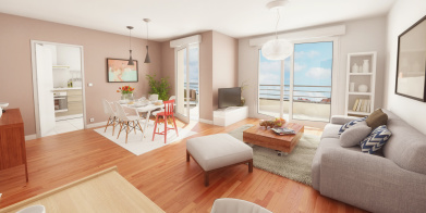 Perspective intérieure 3D d’illustration d’un appartement avec balcon terrasse