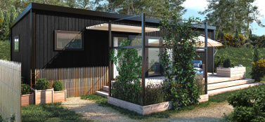 Habitat de loisir à toiture monopente Perspective 3D d’habitat de loisir type Mobilhome avec terrasse et pergola