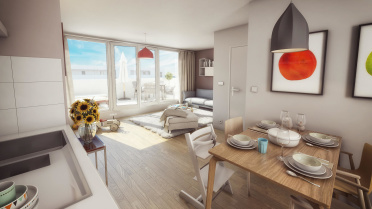 Image d’illustration 3D pour une perspective intérieure d’appartement avec sa décoration et la vue sur son balcon terrasse.