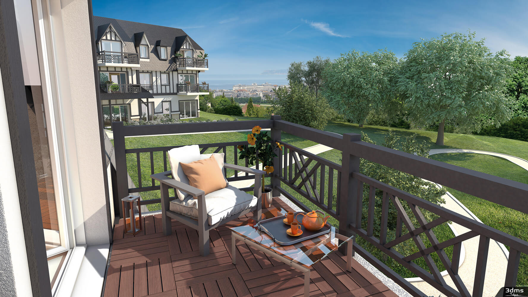 Visuel d'illustration 3D de vue balcon d'un projet immobilier à Deauville