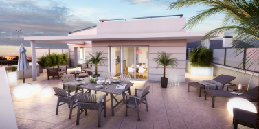 Image d'illustration 3D de terrasse à Rosny Illustration 3D avec ambiance de fin de journée et effet de lumière