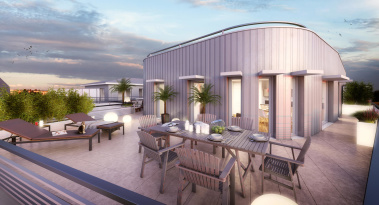 Illustration 3D de terrasse avec immeuble contemporain avec bardage zinc 