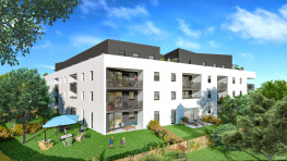 Illustration 3D en vue haute et en plongée d’un projet immobilier, vue sur les jardins et balcons.