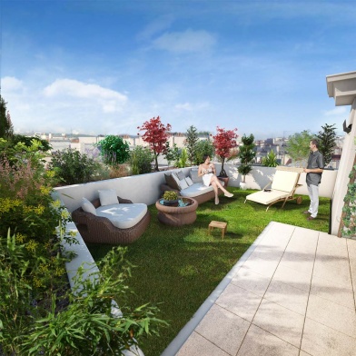 Image d'illustration de perspective 3D de terrasse Image d’illustration de perspective 3D de terrasse en attique d’un immeuble parisien