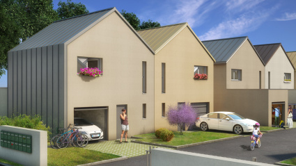 Perspective extérieure de résidence Scène d’illustration 3D d’un projet de logements individuels en vue à hauteur d’homme