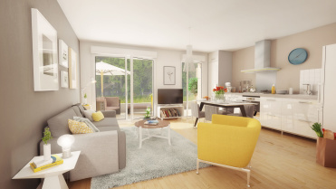 Image d’illustration 3D d’une perspective intérieure d’appartement avec vue sur le jardin