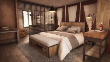 Image d’illustration d’une pespective intérieure 3D pour une chambre d’un hotel de charme créé au cœur d’un vignoble français