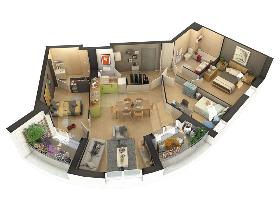 Visuel d'Illustration 3D de plan de vente d'appartement pour une meilleure perception des volumes