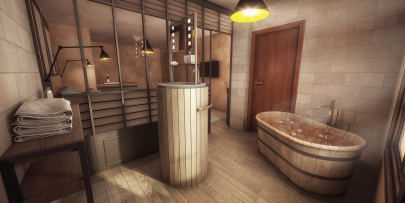 Perspective intérieure 3D de salle de bain de charme pour un hotel de charme au cœur d’un vignoble français, décoration et améngement sur mesure d’après cahier des charges et dossier décorateur.