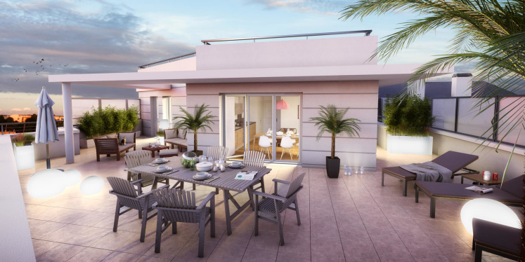 Image d'illustration 3D de terrasse à Rosny Illustration 3D avec ambiance de fin de journée et effet de lumière