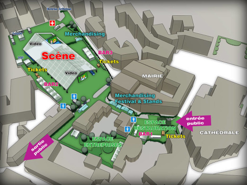 Illustration 3D d’un plan d’orientation pour un festival dans un centre ville