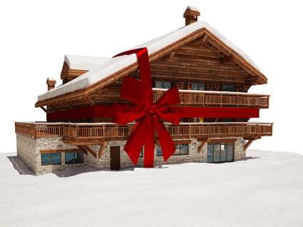 Illustration 3D humoristique d’une maison avec un nœud de paquet cadeau