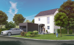 Illustration de perspective 3D de maison Individuelle Classique Visuel d’illustration de maison individuelle en 3D avec ambiance scène de vie dans le jardin vu depuis la rue