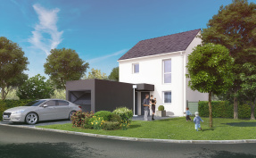 Illustration de perspective 3D de maison Individuelle Classique Visuel d’illustration de maison individuelle en 3D avec ambiance scène de vie dans le jardin vu depuis la rue