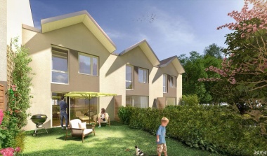Perspective extérieure de maison avec jardin Illustration de perspective 3D
