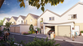Visuel d'illustration de perspective 3D pour la promotion immobilière Visuel d’illustration pour une résidence de maisons individuelles avec une ambiance de fin de journée