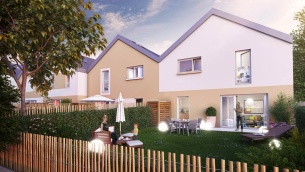 Illustration de perspective 3D Côté jardin Illustration de visuel 3D de scène d’illustration pour la promotion immobilière de maisons individuelles