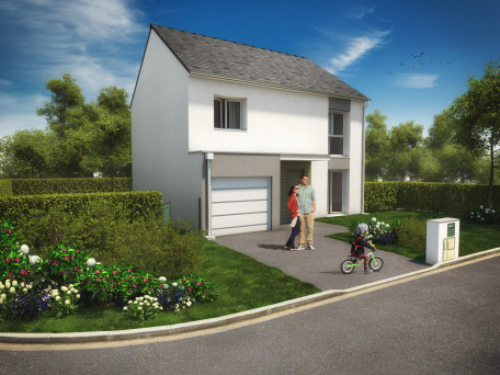 Visuel d'illustration de perspective 3D pour la promotion de maisons individuelles Visuel d’illustration 3D d’une scène de vie pour la promotion immobilière de maison primo accédants