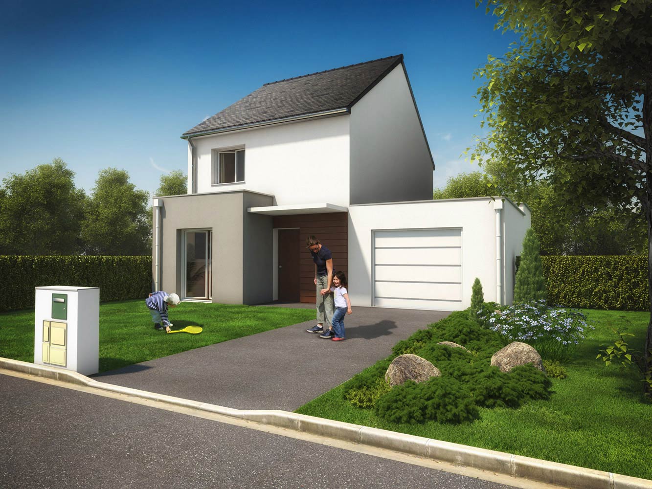 Scène d'illustration 3D d'une maison individuelle avec ambiance familiale dans le jardin