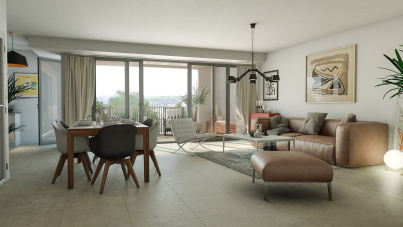 Illustration 3D de perspective intérieure d’un appartement haut de gamme avec une décoration chaleureuse