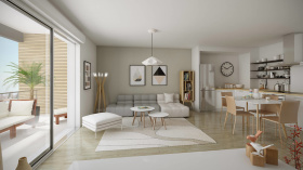 Illustration 3D de perspective intérieure d’un appartement avec décoration sobre et claire
