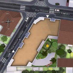 Image d’illustration 2D de plan de masse de projet immobilier reprenant une partie importante modélisée en 3D pour les perspectives