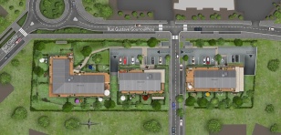 Illustration 2D d’un grand projet immobilier, composée de trois bâtiments de logements collectifs, de leurs jardins et de la voirie