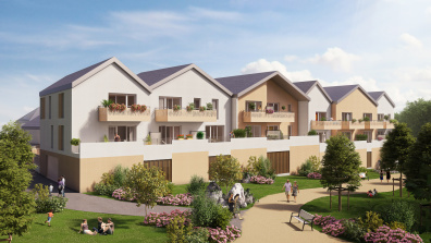 Bâtiments collectifs et jardins Visuel d’illustration de perspective extérieure 3D pour la promotion immobilière avec habillage de l’espace jardin