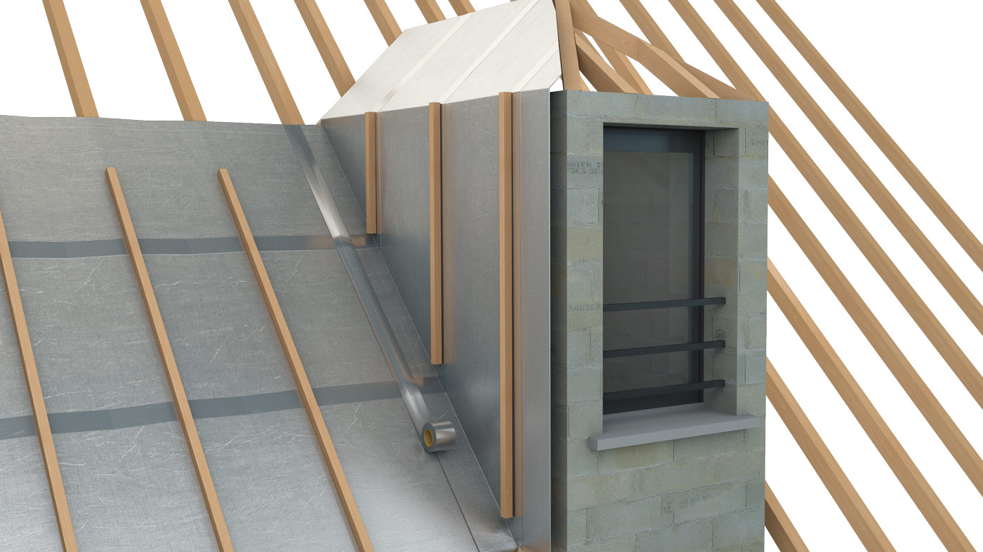 Illustration 3D pour un visuel technique de construction avec détail d'isolation sur une capucine de toiture