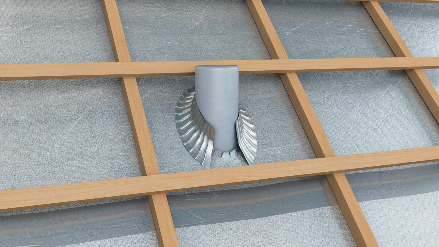Illustration 3D pour un visuel technique d'isolation de toiture au niveau d'un conduit de ventilation
