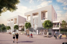 Visuel de perspective extérieure 3D pour la promotion immobilière avec illustration d’ambiance de quartier