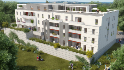 Perspective extérieure de collectif côté jardin en vue haute Visuel d’illustration de perspective extérieure en vue haute pour la promotion immobilière