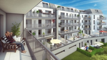 Visuel d’illustration de perspective extérieure vue balcon pour la promotion immobilière avec angle de vue offrant une double utilisation de l’illustration