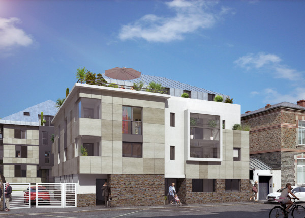 Insertion 3D de perspective extérieure 3D pour un visuel de promotion immobilière avec modélisation des bâtiments voisins