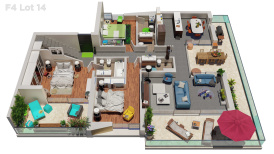 Plan de vente 3D d’un grand appartement avec 3 chambres et terrasses 