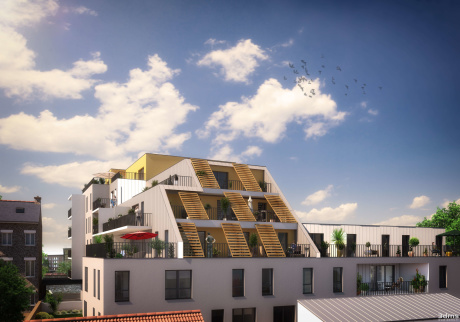 Perspective 3D de projet immobilier avec balcons terrasses et claustras, pergolas