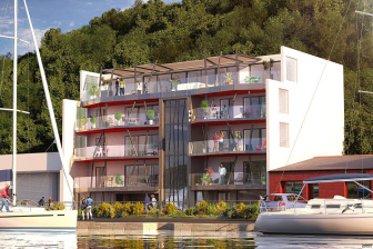 Image de perspective 3D de projet immobilier à côté d’un port de plaisance.