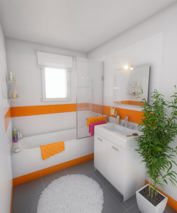 Image d’illustration d’une perspective intérieure 3D avec vue sur sa salle de bain aux couleurs fruités