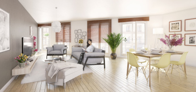 Perspective 3D d’illustration d’une ambiance intérieure d’un appartement au dernier étage d’un immeuble avec un bel ensoleillement