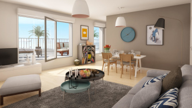 Image d’illustration de perspective intérieure 3D d’appartement avec balcon terrasse.