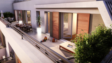 Illustration 3D de terrasse avec ambiance de fin de journée