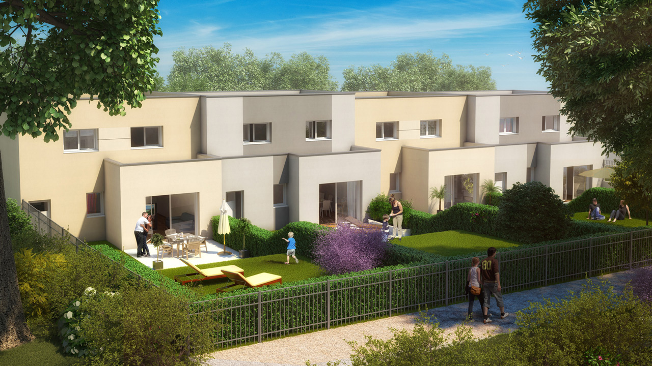 Scène d'illustration 3D d'un projet de logements individuels en vue haute avec aperçu des abris de jardin